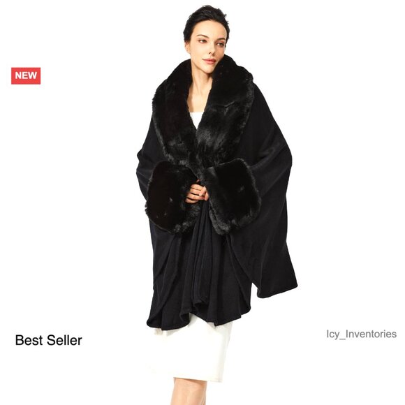 Faux Fur Trim Cape Poncho Shawl Wrap Sleeveless Cardigan Cloak Elegant Chic